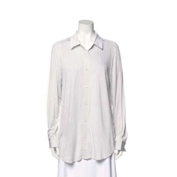 Magaschoni White Striped Long Sleeve Button-Up Top Large